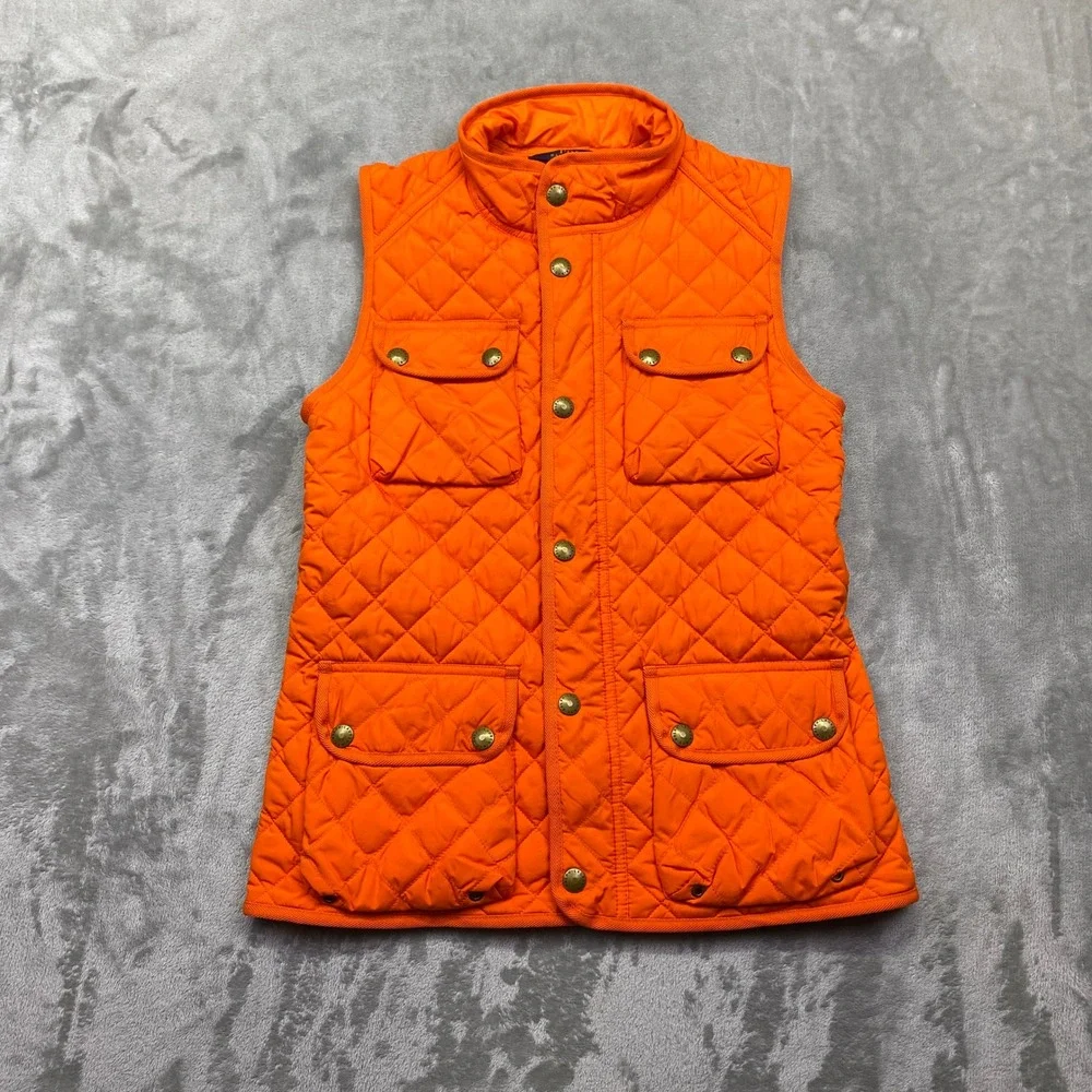 Polo Ralph Lauren Quilted Orange Puffer Vest Kids Sz L 12/14 Snap Button Pockets